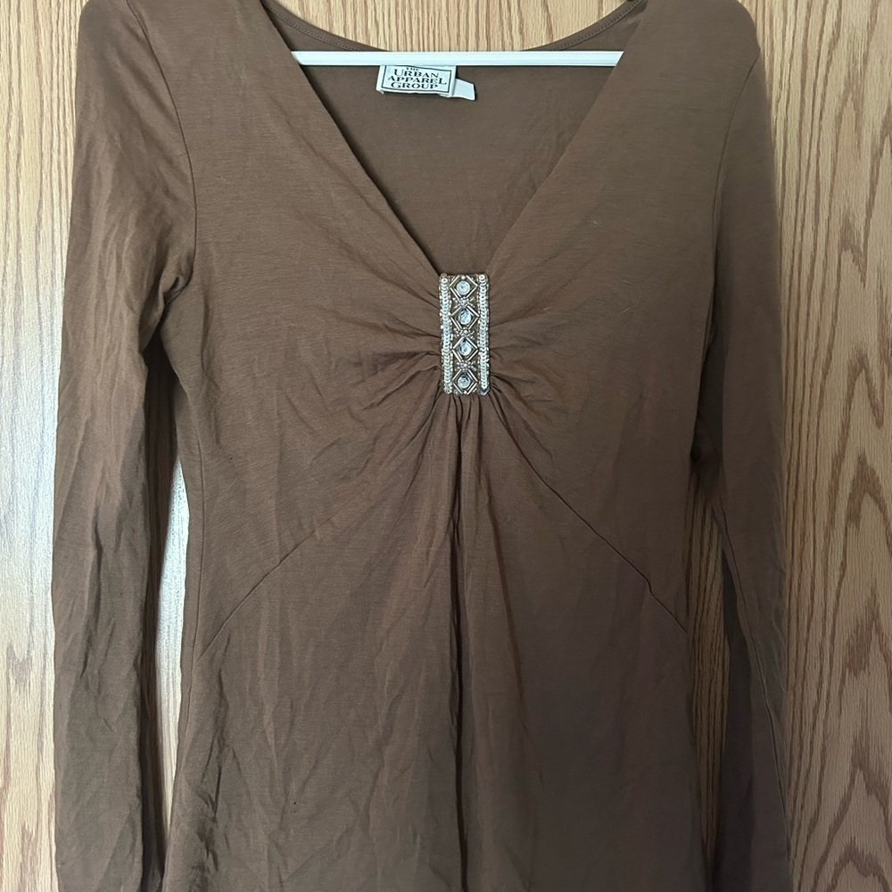 Urban Apparel Brown V Neck Blouse with Embellishments - Medium